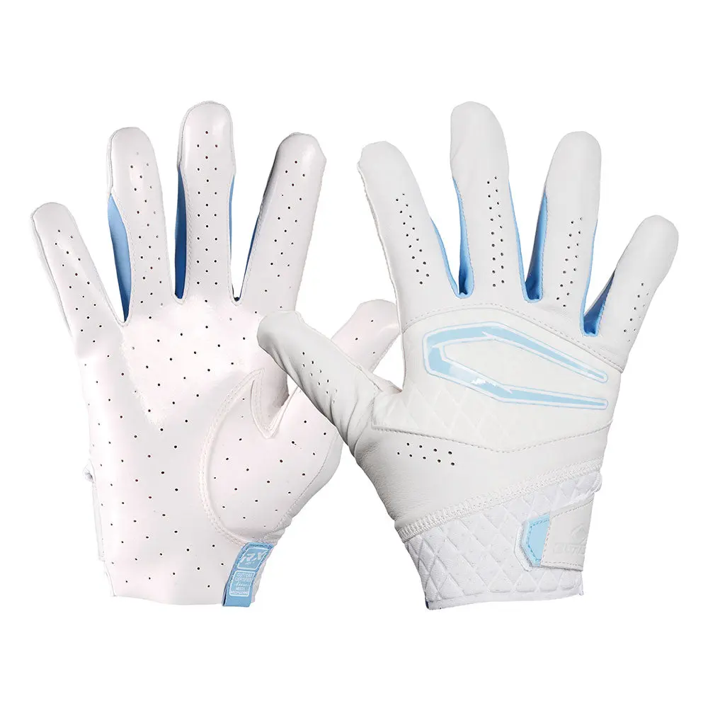 Cutters Rev X Adult Football Receiver Gloves - White/Columbia Blue, Premium Cabretta Leather, Air C-TACK Grip, Perforated, All-Weather, Self-Restore, Stick Control for Comfort & Performance, Football Accessories