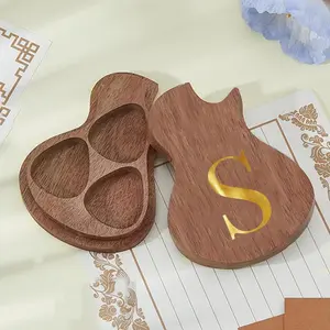 Wooden Guitar-Shaped Pick Case, Stylish Plectrum Box Holder for 3 Picks, Durable Guitar Accessories for Music Lovers, Ideal Gifts with Gold Initials