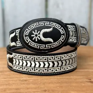 Black and White “Spur” Embroidered Belt with Oval Buckle - Western Belts for Men