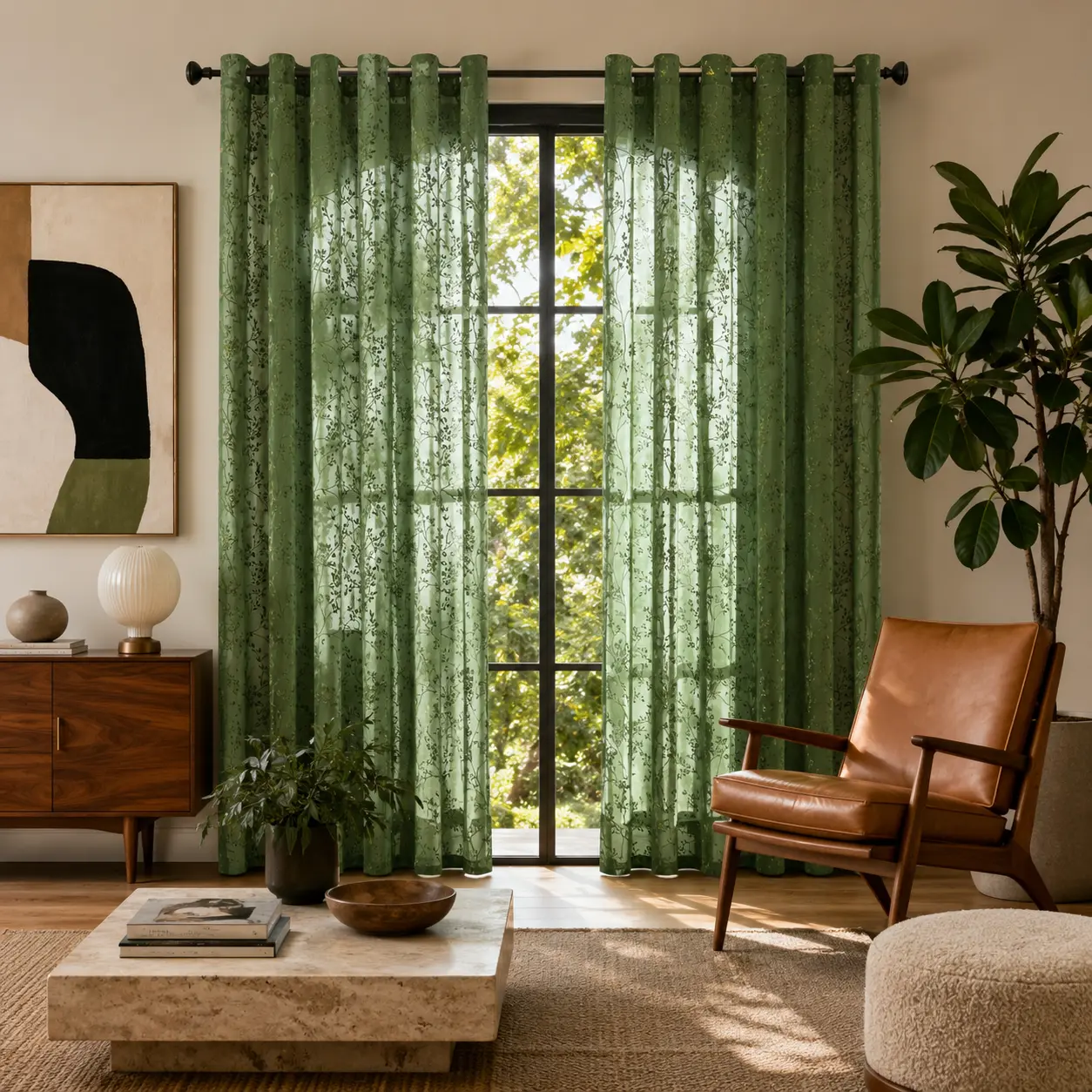2PC Retro Flocked Sheer Curtains Grommet Hole Design, Green Velvet Floral Embossed Polyester Window Curtains, Light Filtering Aesthetic Room Decor