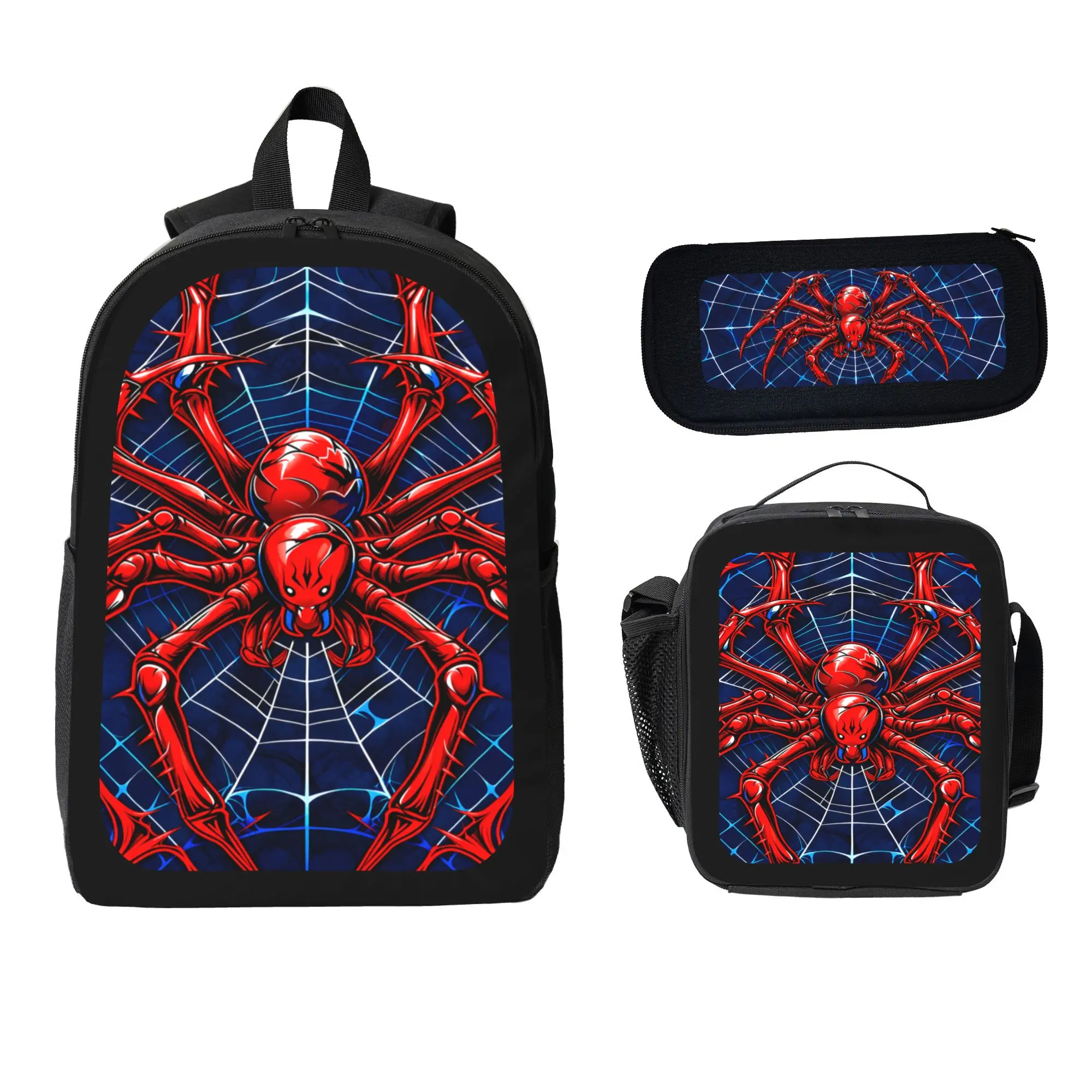 Spider Pattern 17-Inch Travel Backpack Set: Casual Backpack, Lunch Bag & Pencil Case