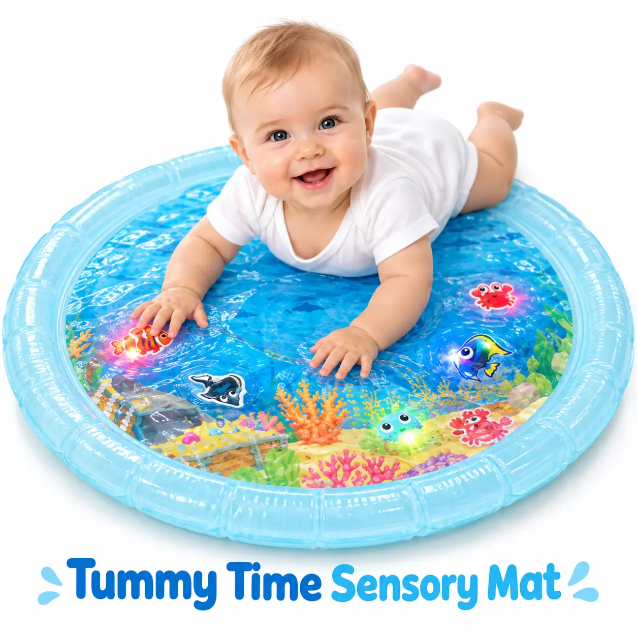 SplashEZ 30" (76cm) LED Light-Up Tummy Time Water Mat Sensory Playset for Babies, Electronic Interactive Crawling Mat with 3 Glow-Up Fish, 3 Floating Toys, BPA-Free, CPSC Certified, Easy-to-Clean Ocean Themed, Play Mat