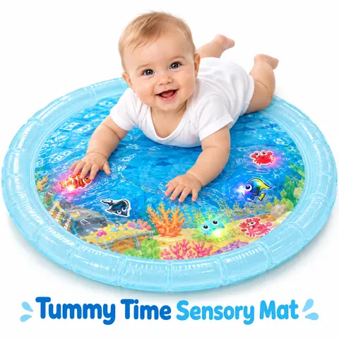 SplashEZ 30" (76cm) LED Light-Up Tummy Time Water Mat Sensory Playset for Babies, Electronic Interactive Crawling Mat with 3 Glow-Up Fish, 3 Floating Toys, BPA-Free, CPSC Certified, Easy-to-Clean Ocean Themed, Play Mat