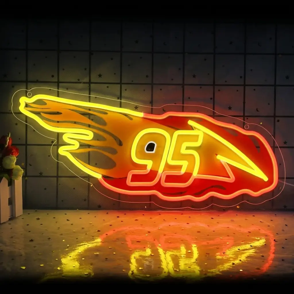 95 Racing Car Neon Sign Mqueen Neon light Sports Car Wall Decor LED Neon Light Garage Art Home Classroom Restaurant Bar Game The perfect gift for MQueen fans Room Garage Vibrant Ambiance Road Area Lamp
