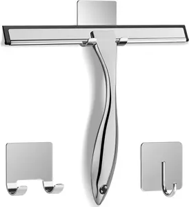 10-Inch Rustproof Stainless Steel Multifunctional Bathroom Squeegee for Shower with 2 Adhesive Hooks, Glass Shower Squeegees for Window Mirrors