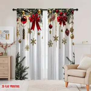 2-Piece set, 2D flat print, Merry Christmas themed curtains, Christmas pine branches with red bows, Christmas ball pattern, suitable for party and holiday decoration for living room bedroom kitchen home, Christmas decoration, Window Decorations Supplies