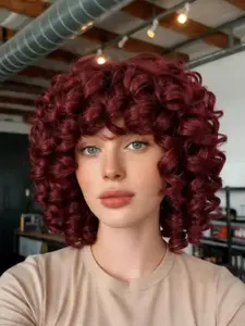 Burgundy Curly Afro Wig with Bangs for Black & White Women Synthetic Hair Wigs Fluffy Soft Natural Replacement Wig for Daily & Cosplay