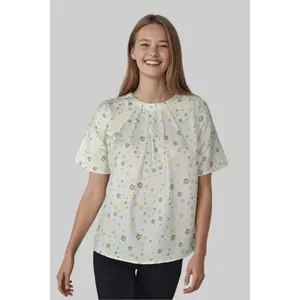 Leafy Pleated Top - 100% Polyester Crew Neck Short Sleeves Loose Fit Machine Washable Women's Fashion Top