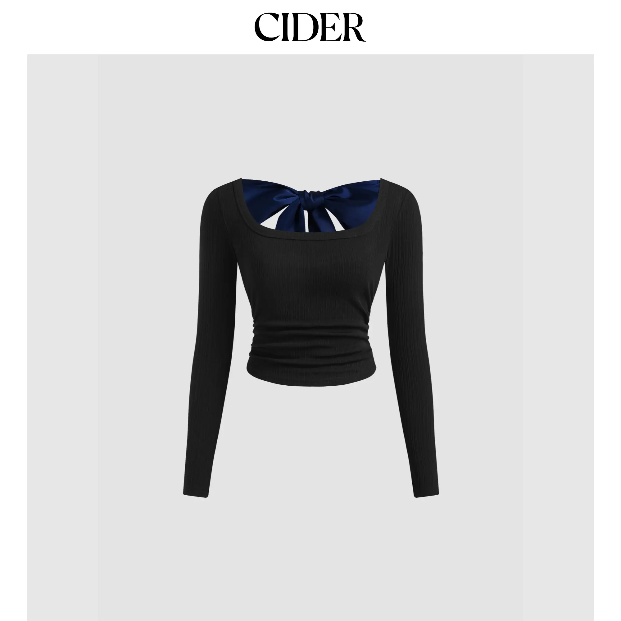 Cider Women's Casual Scoop Neck Long-Sleeve Ruched Crop Top - Plain, Pull-On, Solid Bodice with Bowknot Detail