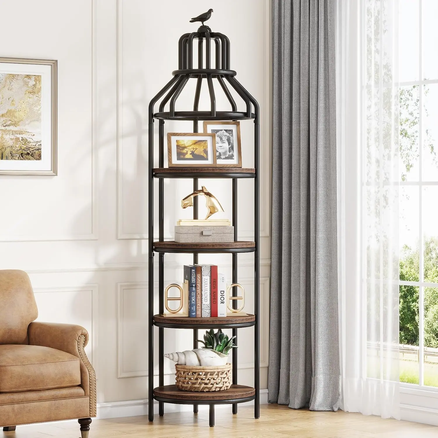 TRIBEWOOD 4-Tier Narrow Tall Rustic Look Wood-Black Metal Frame Birdcage Bookshelf - 25 lb Per Rack Capacity, Curved Round Shelves, Elegant Freestanding Storage, Book Organization, Curved Multi-Level Living Room Furniture, Assembly Required