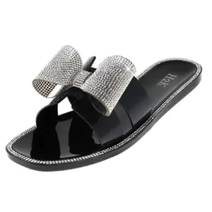 Fashion Bow & Rhinestone Decor Open Toe, Flat Sip On , Elegant  Casual Sliders, Comfortable Fashion Women Slippers for Indoor/ Outdoor