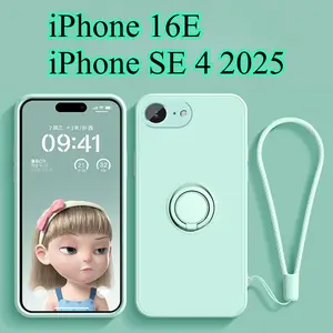 For iPhone 16E 16 E Liquid Silicone Ring Stand Phone Cases For iPhone SE 4 2025 SE4 5G Lanyard Magnetic Soft TPU Cases Cover
