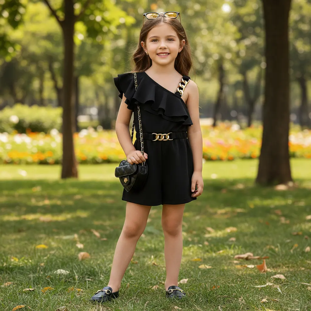 BASUSARRI Toddler & Little Girls Fashion One-Shoulder Romper with Ruffle Sleeve & Gold Chain Strap Solid Black Ribbed Fabric Breathable Stretchy Fit for Summer Birthday Parties Ages 4-7 Years