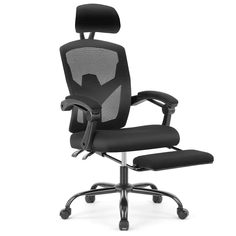 Sweetcrispy Cozy Modern Reclining Office Chair - Ergonomic Mesh Back Furniture with Adjustable Height, 360-Degree Swivel Rolling Task Chair, Foot Rest, Adjustable Headrest, Padded Arms, Recline Lock, Office Gift Option (Requires Setup), Weight Limit