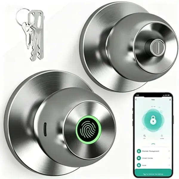 Satin Nickel 3-in-1 Smart Keyless Entry Door Knob Lock - Aluminum Body, 1-3/16" to 2" Thickness, 52Hz Model, Tuya App Remote Access, Keys, Auto Lock Feature, Fingerprint Entry for Front Door