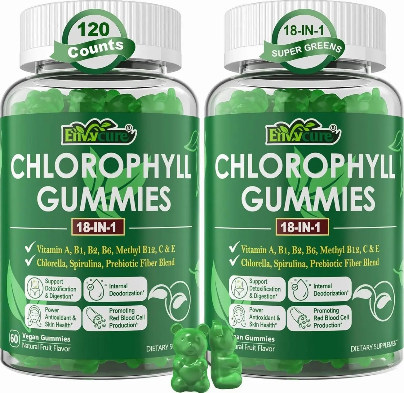 Chlorophyll Gummies, Super Green 18-IN-1 with Organic Chlorella Spirulina, Wheat Grass, Magnesium, Prebiotic Fiber for Internal Deodorant*,Comfort Digestion, Metabolism,Immune, Fresh Body Odor, 2Packs