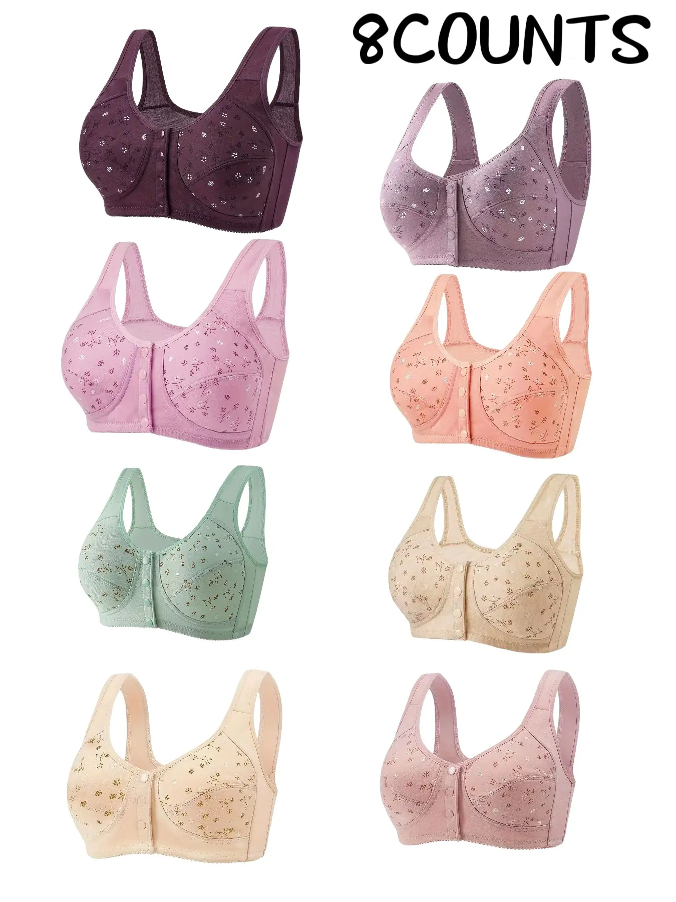 8-Pack Floral Print Wireless Elegant Bras, Comfortable & Breathable, Chic, Full Coverage Push-Up, Front Buckle Design, Medium Support, All Seasons