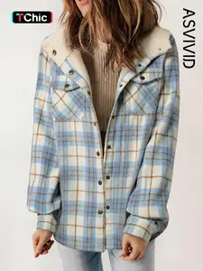 Women's Plaid / Houndstooth Print Button Front Hooded Coat, Casual Longsleeves Pocket Coat for Fall & Winter, Ladies Outerwear for Daily Wear, Womenswear, Plaid Jacket