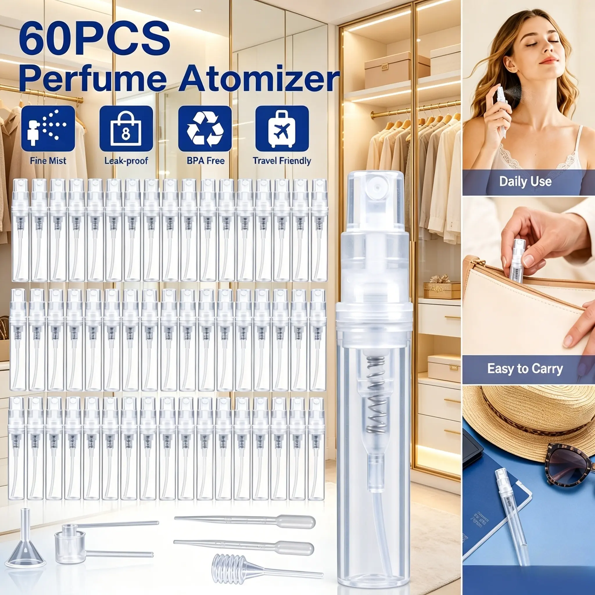 60-Pack Travel-Friendly 2ml Transparent Plastic Refillable Perfume Atomizer Kit - Cosmetic Spray Bottles with Leakproof Cap, Purse Dispenser for Vacation, Ideal Gift for Sanitizer Refills, Multi-Pack