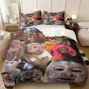 2/3-Piece Trendy Funny Monkey Meme Prints Bedding Set — Viral Weirdcore Monkey-Face Collage Duvet Cover Set — Aesthetic Appeal Bedroom Decor, Soft, Comfortable & Fun Touch (1 Comforter Cover + 1 or 2 Pillowcases)