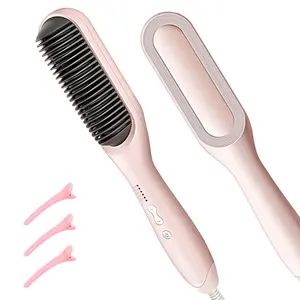2-in-1 Hair Brush Straightener for Women - 5 Temperature Settings, Fast Heating Styling Brush with Dual Voltage (110-240V), Anti-Scald & Auto Shut Off - Perfect Travel Gift (Pink)