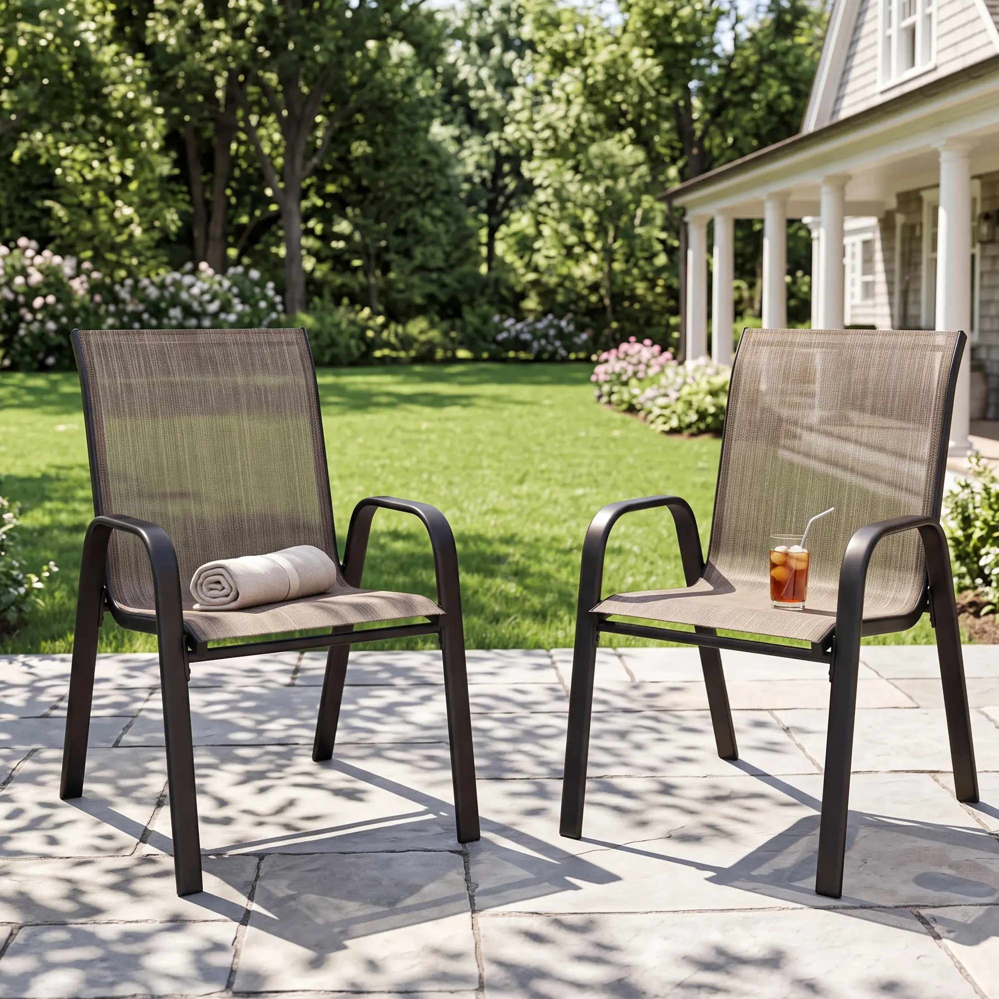 Murago Stackable Patio Dining Chairs Set of 2, 300lbs Max Heavy Duty, Powder Coated Steel Frame, Breathable Textilene Mesh Fabric, All Weather Outdoor Armrest Chairs for Backyard, Poolside, Brown Mesh & Black Frame