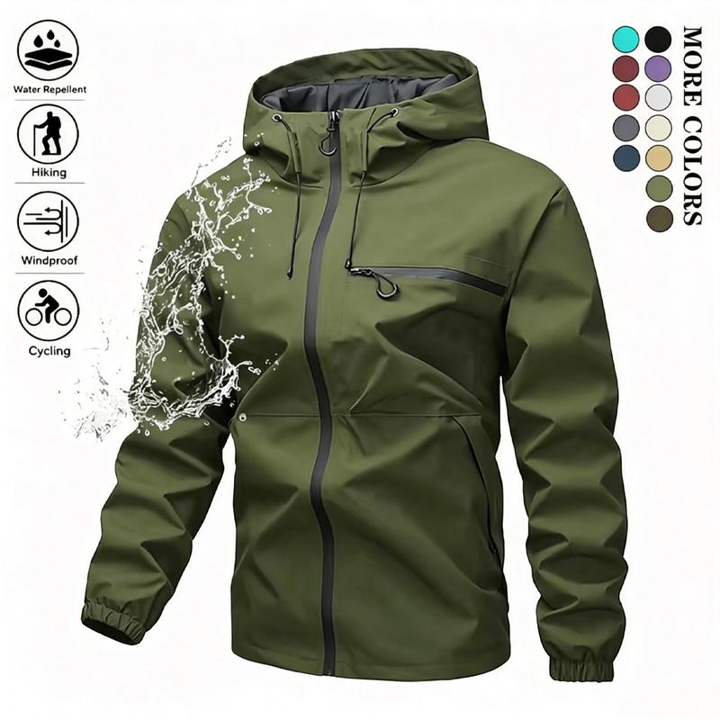 Men’s Fitted Woven Softshell Hooded Coat - Water-Resistant, Lightweight Menswear with Drawstring, Large Front & Side Zippered Pockets, Sporty Chic, All-Season Apparel for Christmas, Thanksgiving, Easter