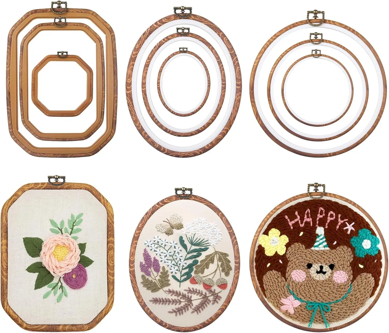 9 Pcs Embroidery Hoop Frame Set, Imitated Wood Decorative Hoops