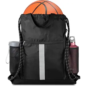 Drawstring Backpack Bag Sports Gym Backpack with Shoe Compartment and Two Water Bottle Holder for Men Women Large String Backpack Athletic Sackpack Workbag Black