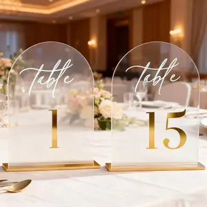 Clear Arch Acrylic Wedding Table Numbers 1-15 with Stands 5.5"x7" Arched Seating Chart Signs with Gold Mirror Numbers Holders for Anniversary Event Party Wedding Set