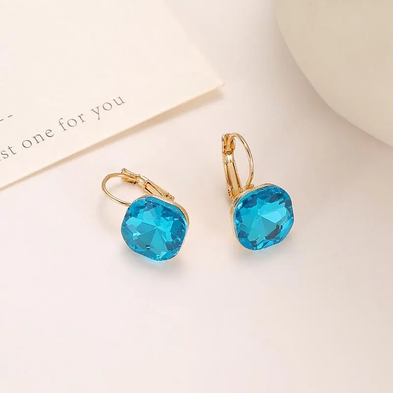White Blue Square Crystal Drop Earrings for Women Party Shiny Geometry Round Circle Dangle Earrings Golden Color Trendy Jewelry