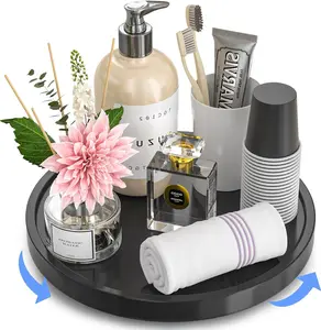 360° Rotating Bathroom Vanity Tray, 10" Bamboo Turntable Decorative Tray for Perfume Candle Soap Skincare Trays for Counter Dresser Sink Storage Wooden Countertop Organizer for Table Decor Black