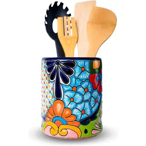 Talavera Utensil Holder - Hand Painted Ceramic Spoon Crock - Colorful Utensil Crock - Large Mexican Spoon Rest 6" H (Cobalt Blue)