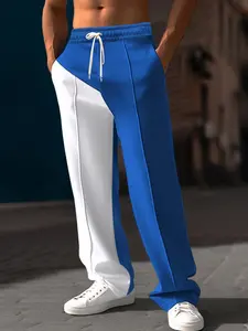Men's Colorblock Sports Casual Pants, Asymmetrical Splicing Design, Drawstring Waist, Loose Fit, Perfect Fall, Athletic Bottoms
