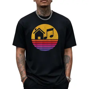Unisex Vintage  Sunset House Music Graphic T-Shirt - 100% Cotton Relaxed Fit Tee with Slight Stretch, Vibrant Digital Print, S-XXXL Sizes for Casual Outdoor & Festival Wear