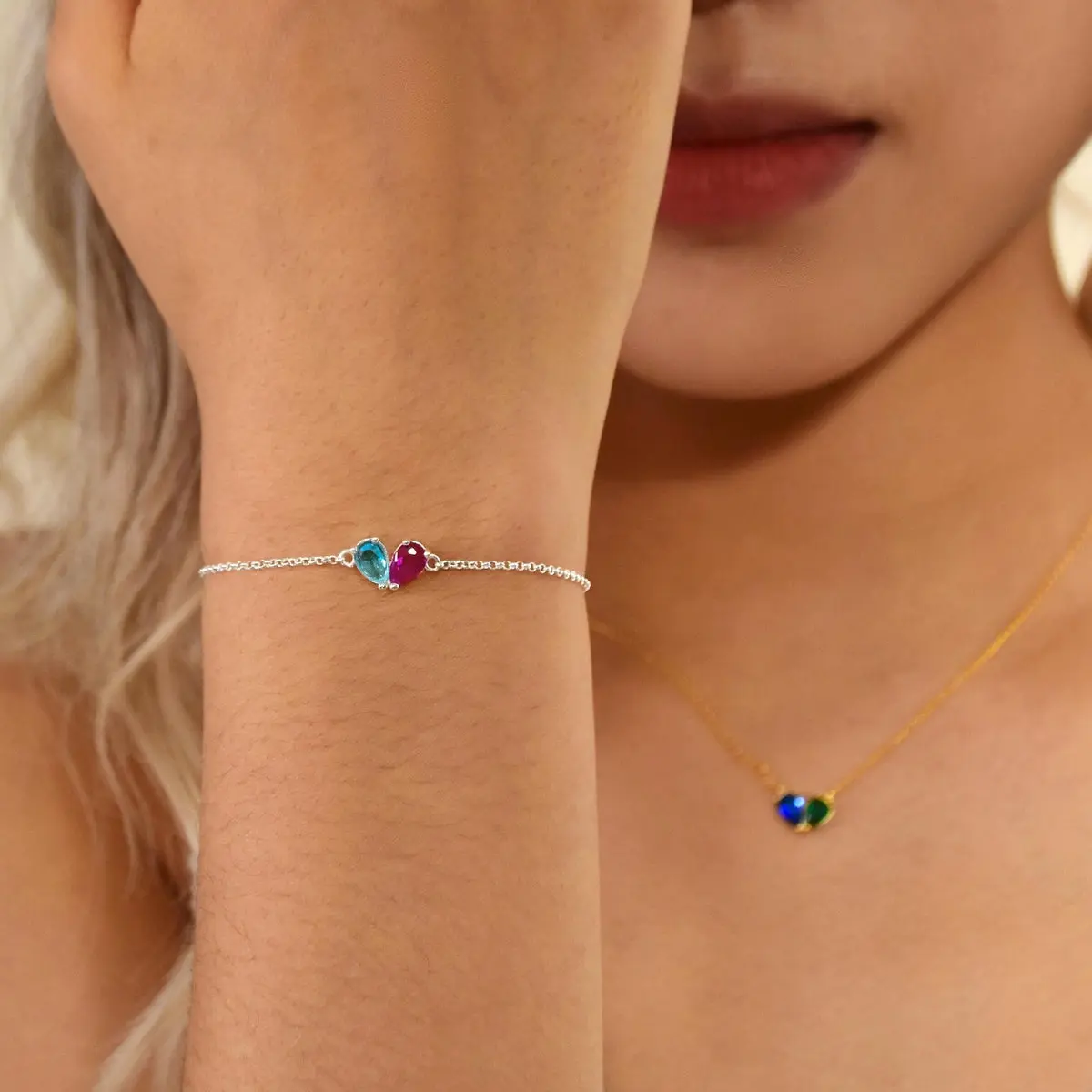 Heart Birthstone Bracelet, Personalized Heart Charms Bracelet,2 Birthstone Bracelet, Mothers Gift, Chrismas Gift For Mom, Family Gift