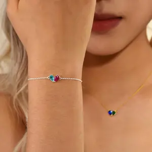 Heart Birthstone Bracelet, Personalized Heart Charms Bracelet,2 Birthstone Bracelet, Mothers Gift, Chrismas Gift For Mom, Family Gift