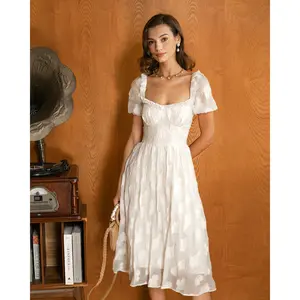 Beige Square Neck Puffed Sleeve Midi Dress