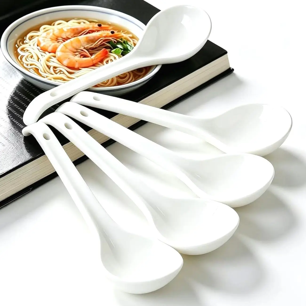 Soup Spoons,6.3"Ceramic Asian Soup Spoons, White Japanese Spoon Large for Ramen Pho Wonton Dumpling Miso,Hook Design, Set of 5