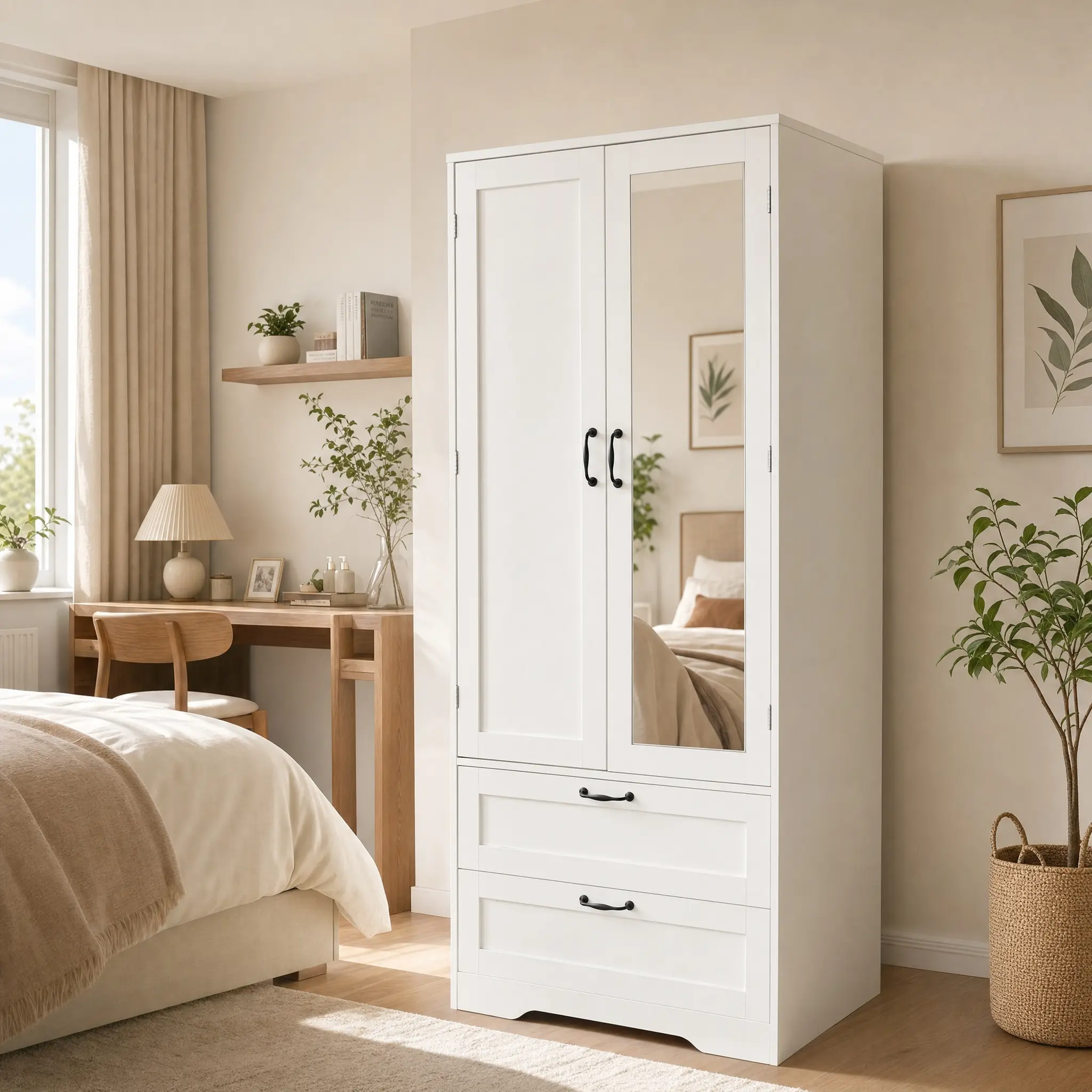 Sturdy Wood Mirrored Armoire Closet - Freestanding Wardrobe with Full-Length Mirrored Doors, 2 Drawers, Spacious Storage Rod, Anti-Tip Kit, Closet Storage Solution for Bedroom, Apartment - Assembly Required, Closet Organization