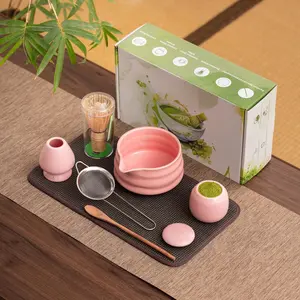 6 count Matcha Set - Ceramic Bowl with Spout, Matcha Whisk with Holder,   Canister, Sifter and Spoon, Complete Kit for Traditional Matcha, Modern Lattes, and  Ceremonies (Pink)