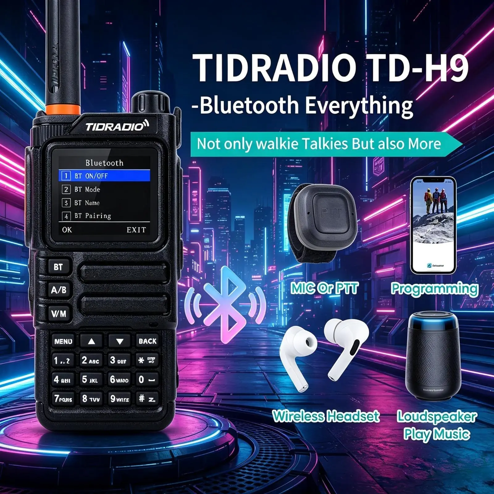 TIDRADIO TD-H9 10-Watt GPS GMRS & HAM Radio, APRS Location, Bluetooth Wireless App Program, Spectrum Analysis, SMS Text, Compass, USB-C Rechargeable, NOAA Weather, Long Range Multi-Band Handheld Transceiver