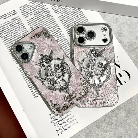 Retro 3D Rhinestone European Angel Shock-Absorbing TPU Smartphone Case - Transparent Aurora Laser-Etched, Colorful Lens Protection, Comfortable Grip, Multi-Model for iPhone 18/17/16/15/14/13 Pro Max/Pro/14 Plus, Luxury Phone Accessory
