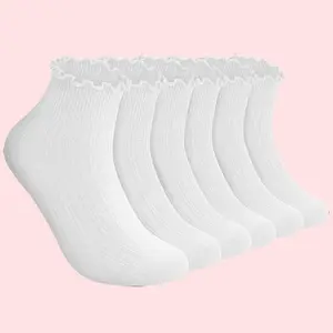 Women's 6-Pair Cute Plain White Ruffle Lettuce Edge Frilly Socks - Thermal Lined Over-the-Knee Compression, Kawaii Embroidered Floral, Heatless Curl Knee-High, Bridal Wear, Backless Bodysuit with Cup