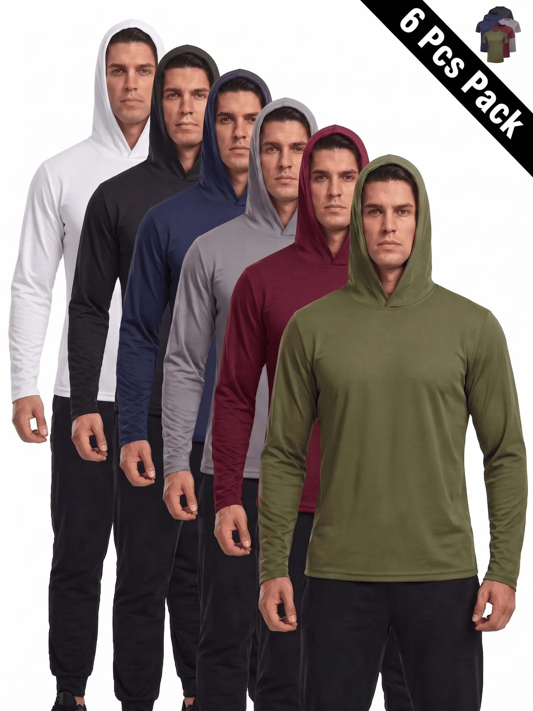 Men's 6 Pack Lightweight Hooded Shirts, Long Sleeve Athletic Sun Protection Tops, Breathable Quick Dry Moisture Wicking 4-Way Stretch Pullover Hoodie Shirts for Gym, Hiking, Fishing, Cycling, Work & Casual Outdoor Wear, S-2XL,sohochic