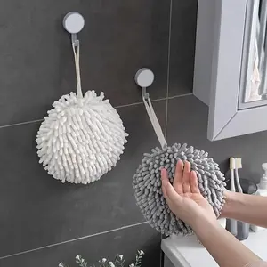 1pc Soft Absorbent Chenille Hand Towel Balls, Kitchen Hand Towel Hanger, Quick Dry Hand Bath Towel, Bathroom Hand Towel With Ring, Simple Fashionable Home Hanging Loop Towel