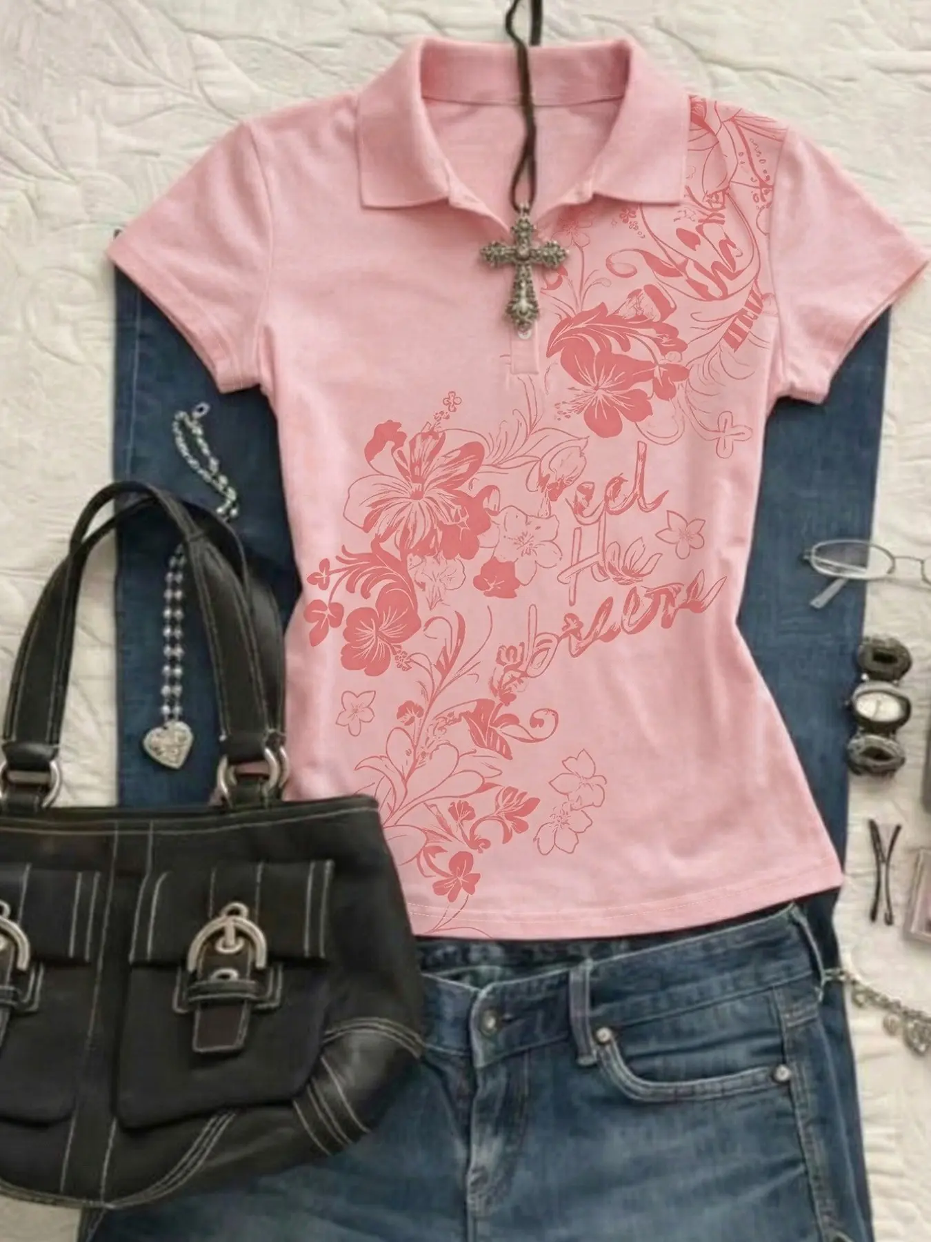 Summer Women's Elegant Polo Shirt with Floral Print, Short Sleeve Top, Comfortable and Stylish, Casual Polo Shirts for Daily Wear