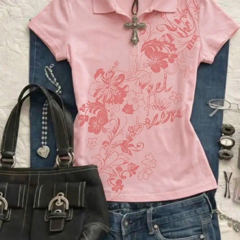 Summer Women's Elegant Polo Shirt with Floral Print, Short Sleeve Top, Comfortable and Stylish, Casual Polo Shirts for Daily Wear