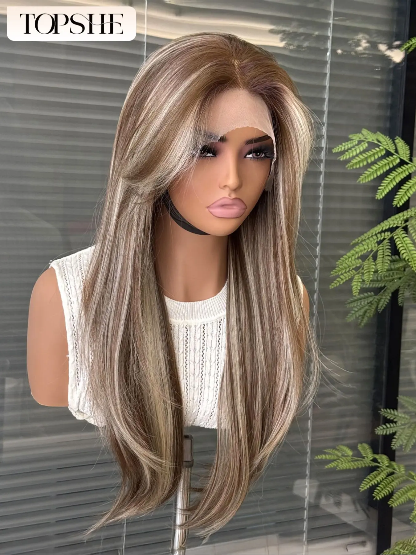 Topshe Frontal Wig, Natural Hairline, Balayage Handwoven 13x6 Frontal Design, Multi-Purpose Medium Length Wigs with Bangs, Balayage Highlight Wig, Lace Straight Wigs
