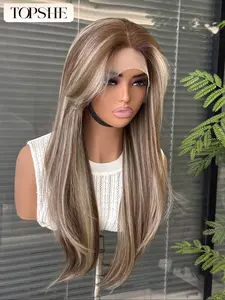 Topshe Frontal Wig, Natural Hairline, Balayage Handwoven 13x6 Frontal Design, Multi-Purpose Medium Length Wigs with Bangs, Balayage Highlight Wig